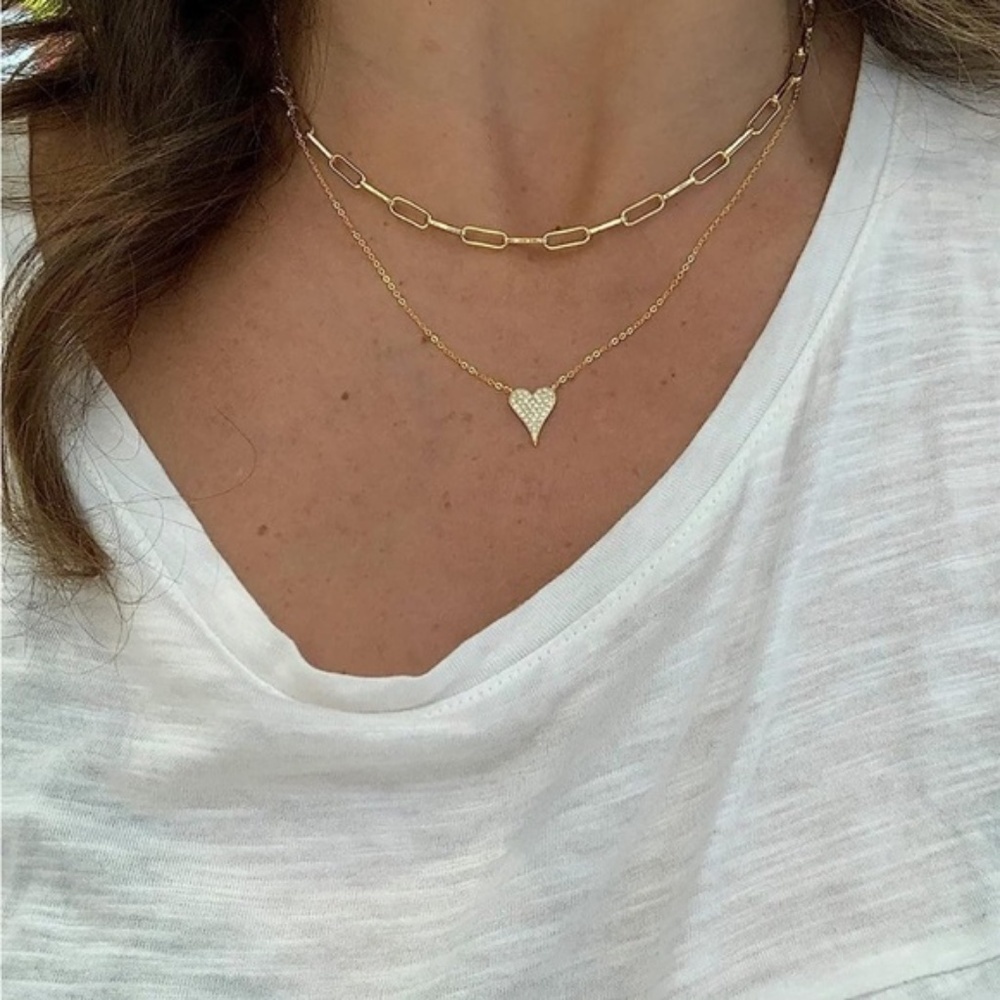 GOLD 14k Gold Plated 2pc Cubic Zirconia Heart & Paperclip Necklace Set